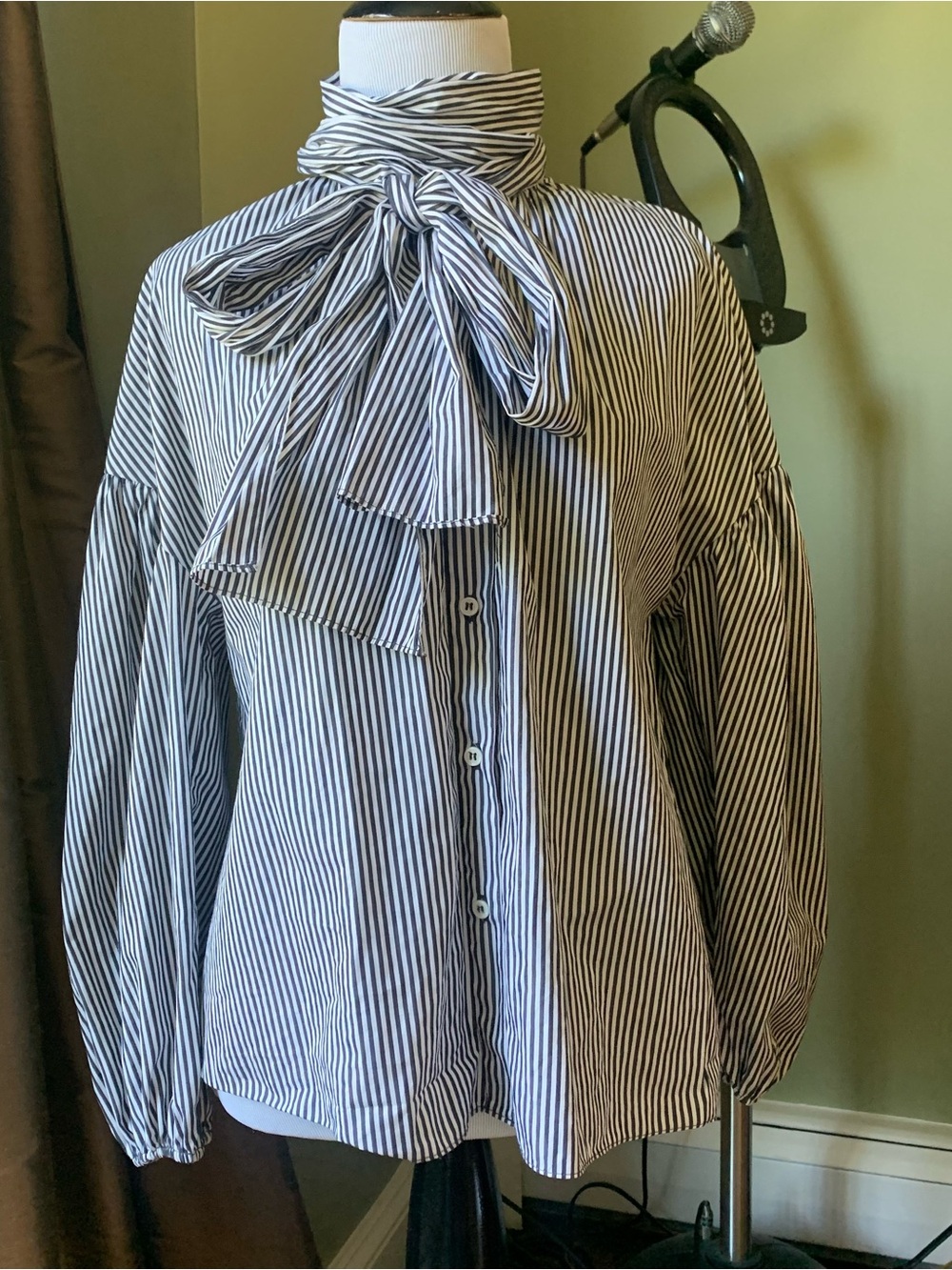 Zara tie-neck balloon sleeves black white striped cotton shirt blouse top XS